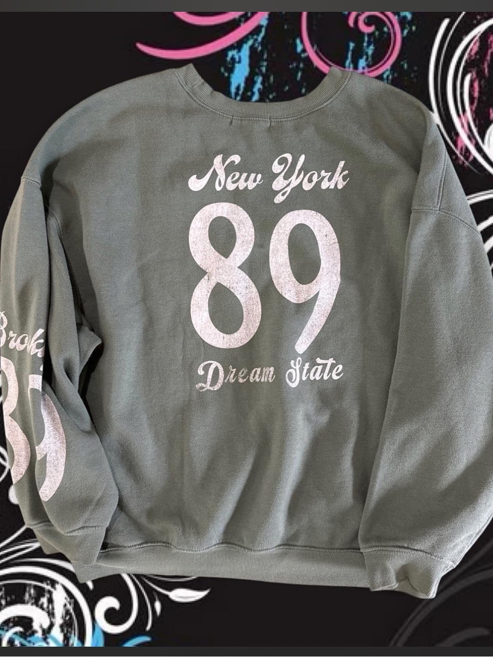 New York 89 Graphic Pullover Sweatshirt - Sage Green with White Print